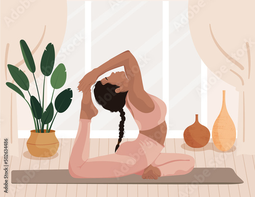 Woman faceless style, doing yoga poses practicing meditation and stretching on the mat at home. Young woman in home interior or studio doing yoga. Trendy flat vector illustration