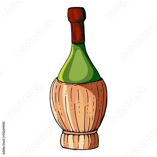 Red wine in italian fiasco bottle isolated on white background cartoon vector illustration