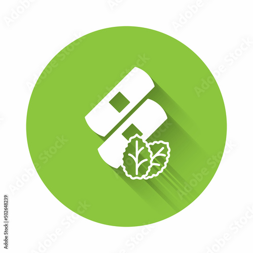White Medical nicotine patches icon isolated with long shadow background. Anti-tobacco medical plaster. Green circle button. Vector