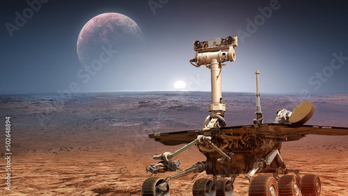Perseverance Mars Mission. Red planet and rover in space. Solar system exploration. Elements of this image furnished by NASA 