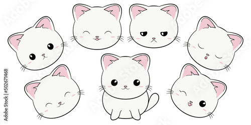 Słodki gruby kotek. Biały siedzący kot z różnymi minami. Kot w stylu kawaii. Ilustracja wektorowa na białym tle.
