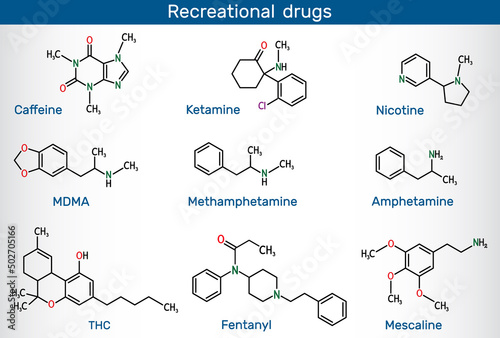 Psychoactive drugs: caffeine, nicotine, amphetamine, methamphetamine (crystal meth), MDMA (ecstasy), fentanyl (fentanil), ketamine, tetrahydrocannabinol (THC), mescaline. Recreational drugs molecule.