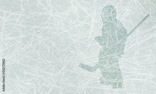 Sports background with hockey goalkeeper. Light blue ice texture with space for text.