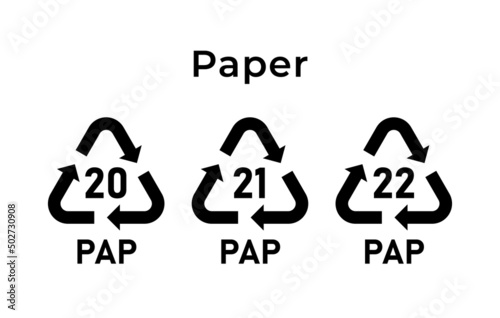 Recycling paper mark. Ecological recycling codes. Zero waste. Vector illustration. Set of line icons editable stroke.