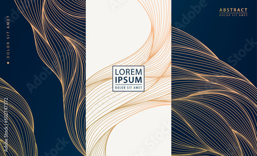 Set of vector collection design elements: labels, frames, wedding invitations, social net stories, packaging, luxury products, perfume, soap, wine, lotion. Wavy line golden backgrounds, patterns.