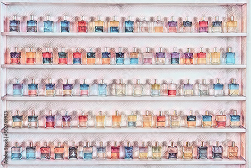 Group of color glass cosmetic bottles. Painting effect.