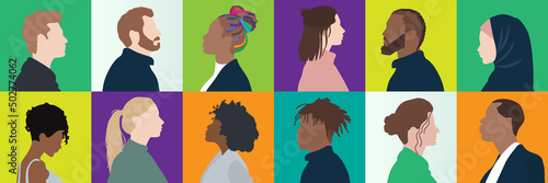 Silhouette of diversity people profile view . multi-ethnic business co-workers and colleagues. Community of friends. Cooperation and collaboration. Teamwork partnership organization. vector background
