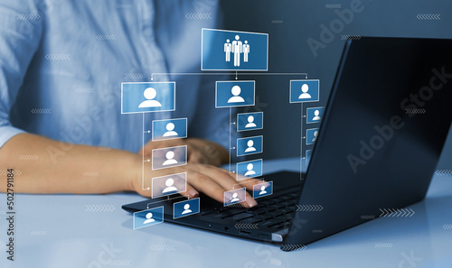 Business hierarchy structure. Business process and workflow automation with flowchart. Virtual screen Mindmap or Organigram.Relations of order or subordination between members.