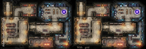 A dungeon map for the board game dungeons and dragons, it has a wizard's lair in which there is a dining room, a barracks, a laboratory for experiments and a wizard's private chambers. 3d rendering