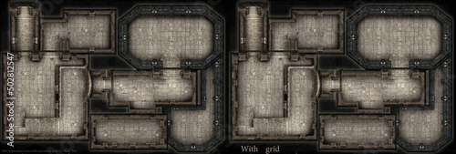 Dungeon map for the board game dungeons and dragons, it has a lot of rooms with a perpendicular view from above, in two versions with and without a grid. 3d rendering