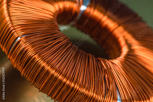 Electric transformer copper coil inductor close-up