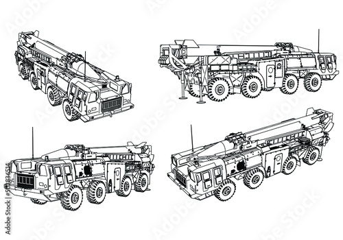 Scud missile launcher vehicle isolated on white background. Vector Military machine. Military vehicle logotype.