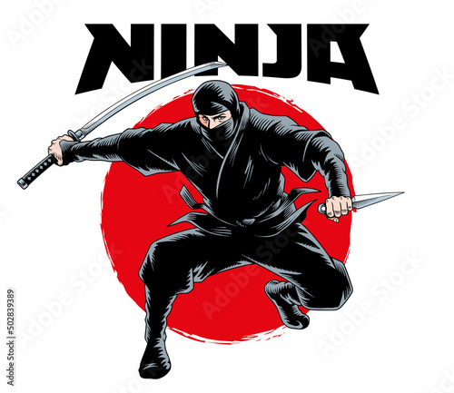 Ninja warrior attacks with samurai sword katana isolated, comic book style vector illustration.