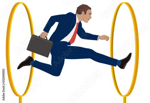 businessman jumping through hoops isolated on white background