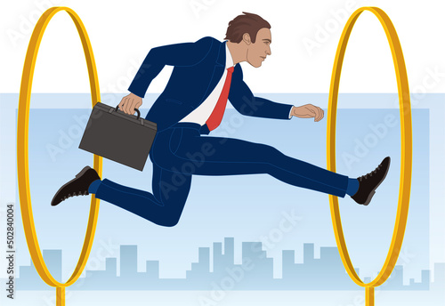 businessman jumping through hoops with sky and buildings in background