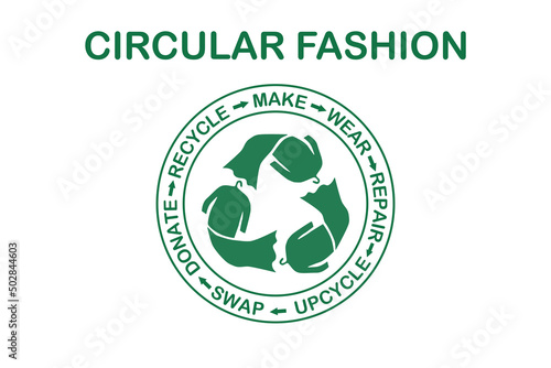 Circular Fashion, make, wear, repair, upcycle, swap, donate, recycle with clothes recycle icon sustainable fashion concept