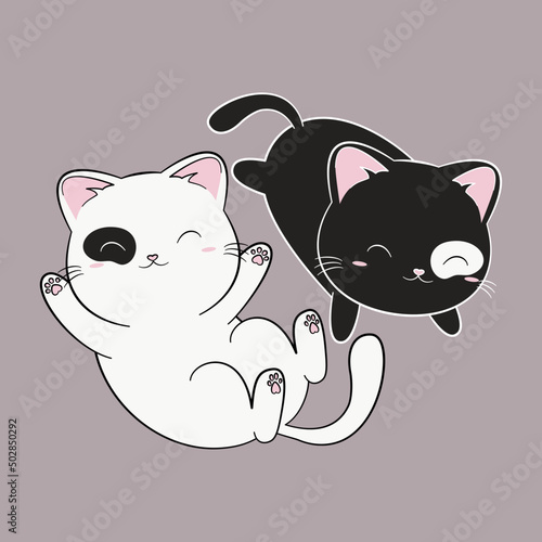 Biały i czarny kot. Słodkie śpiące kotki. Relaks. Harmonia Yin Yang. Ilustracja wektorowa.