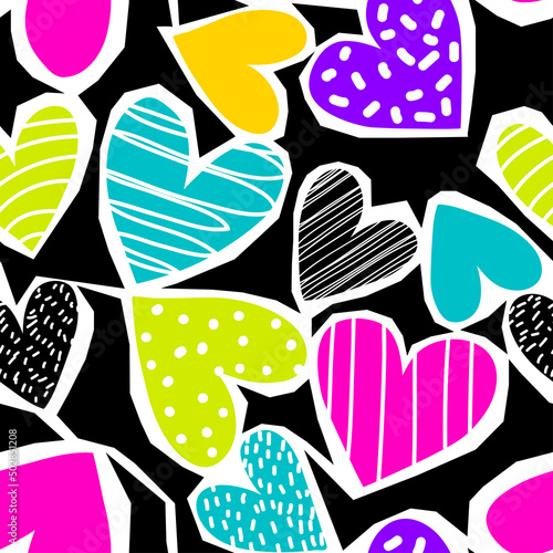 Fashion tropics funny wallpapers. Seamless pattern with colorful hearts on black background. Bright summer illustration. Design for fabric
