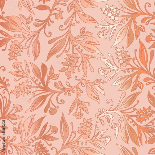 Floral seamless pattern with abstract leaves and berries in coral colors with metallic gradient. Design for wallpapers, wrappings, textiles, fabrics.