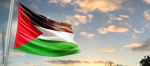 Palestine national flag cloth fabric waving on the sky - Image