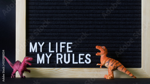 The inscription: My life my rules on a black felt board next to toy dinosaurs. A possible element of design and decoration of a teenager's room.