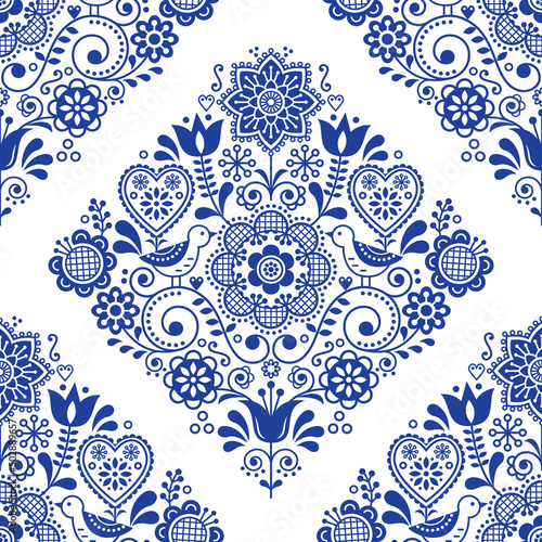Scandinavian seamless folk art vector pattern with birds and flowers, cute Nordic navy blue repetitive floral design - textile or fabric print decor 