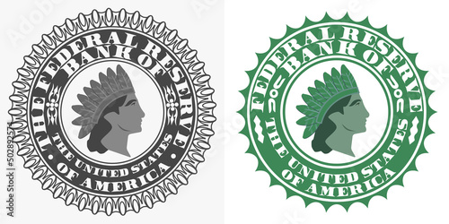 Vector fictional seals of the financial federal system and US banks. The head of a native Indian and a crown of bird feathers