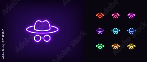 Outline neon incognito man icon. Glowing neon foreign agent and spy with hat and glasses, detective pictogram. Anonym face