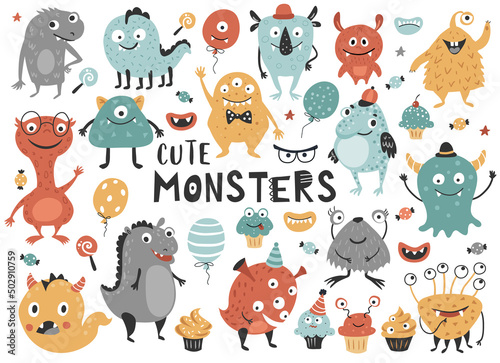Cute monster set, cartoon character for kids. Perfect for nursery greeting card, stickers, invitation, t-shirt print, fashion design, kids wear. Hand drawn style, vector illustration.
