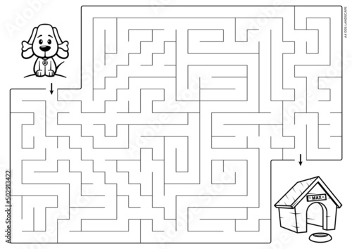 Vector black line printable maze. Format A4. Coloring book educational maze with cute cartoon elephant looking for a gift. Landscape size.