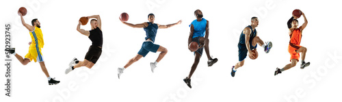 Set of dynamic portraits of professional basketball players jumping with ball isolated over white studio background