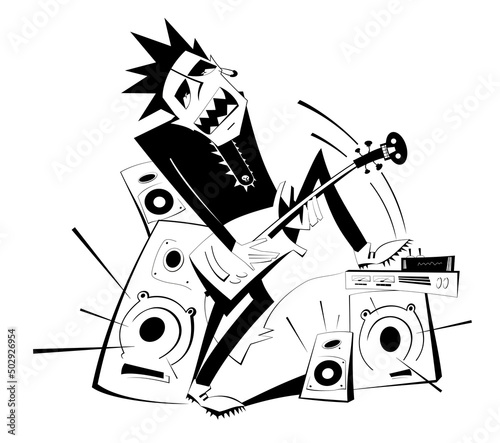 Cartoon guitar player black on white isolated illustration. Expressive guitarist plays loud music using amplifier and several speakers puts his foot one of them