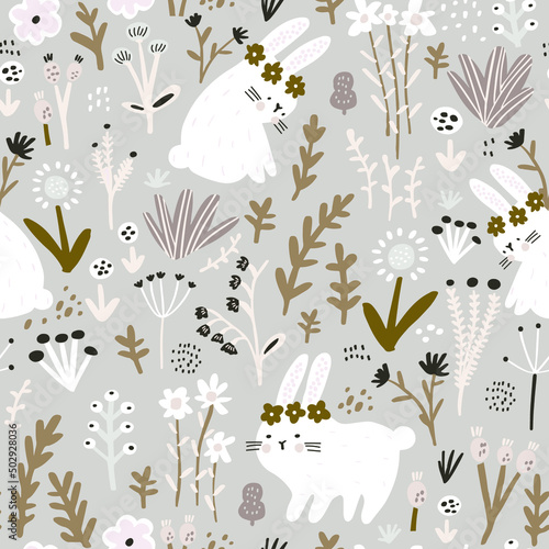 Seamless childish floral pattern with cute hand drawn rabbits. Creative kids hand drawn texture for fabric, wrapping, textile, wallpaper, apparel. Vector illustration