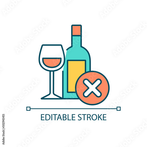 No alcohol RGB color icon. Break off bad habit and addiction. Reduce usage of red wine. Ban liquor. Isolated vector illustration. Simple filled line drawing. Editable stroke. Arial font used