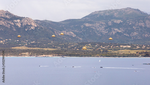 The 2nd Foreign Parachute Regiment (2e REP) of the French Foreign Legion in training over the bay of Calvi in Corsica