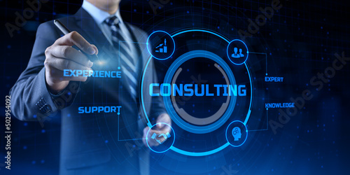 Consulting service business concept. Businessman pressing button on screen.