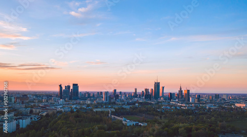 Summer cityscape of Warsaw, Poland: evening city wide panorama