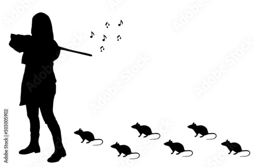 Troubadour with flute and mice, silhouette