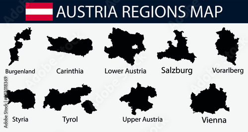 Map of Austria regions outline silhouette vector illustration 