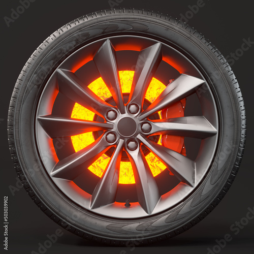 Hot brake disc in a car wheel. An overheated disk glows red. 3d illustration