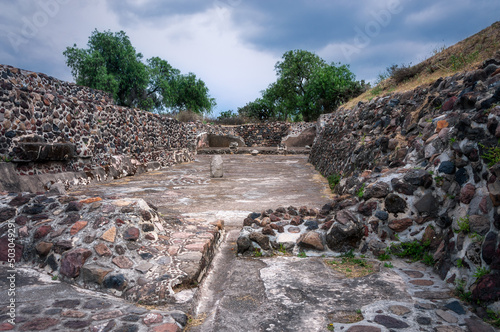 Perspective view of the ruins at Teotihuacán, an ancient city and a vast archaeological complex in Central Mexico. The ancient city of Teotihuacan was designated a UNESCO World Heritage site in 1987.