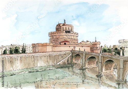 Castel Sant'Angelo (Mausoleum of Hadrian). Ink and watercolor on paper.
