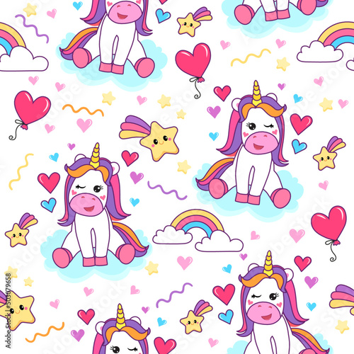 colorful seamless patterns with unicorns in cartoon style for kids. vector illustration