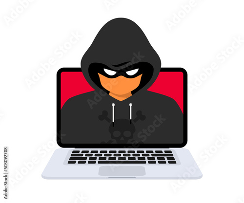 Hacker, Cyber criminal with laptop stealing user personal data. Hacker attack and web security. Internet phishing concept. Hacker in black hood with laptop trying to cyber attack. Programming Code