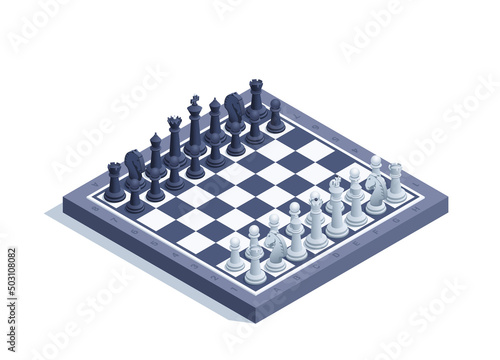 isometric vector illustration on a white background, a chessboard with figures placed on it, a game of chess