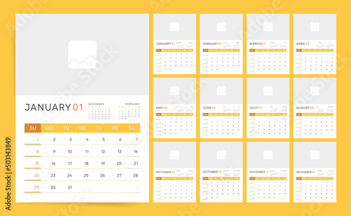 2023 Calendar template design. Week starts on Sunday white and yellow calendar for businessman. Wall planner in simple clean style. Corporate or business calendar. English vector calendar layout.