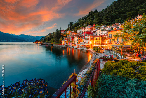 Village of Varenna on Lake Como at sunset with illuminated houses