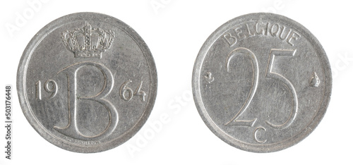 Belgium twenty five centimes coin on white isolated background