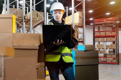 Customs clearance. Woman with laptop in warehouse. Manager works at customs. Customs officer registers mail. Woman uses computer for accounting. Passage of goods across border of counry.