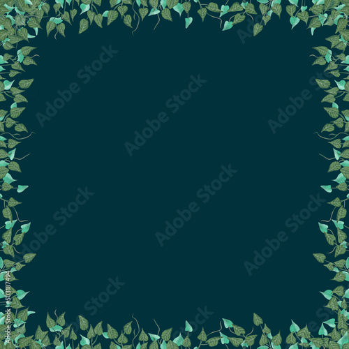 Ilustracja motyw roślinny zielone niebieskie liście na ciemnym tle 